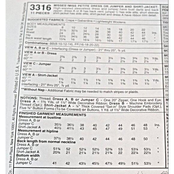 McCall's 3316 Sewing Pattern Misses' Dress Jumper Skirt Jacket Size 16 18 20 22 - Picture 2 of 3